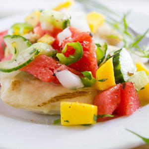 Sweet and Flavorful, fresh watermelon salsa served with locally caught grouper. MMMmmm!