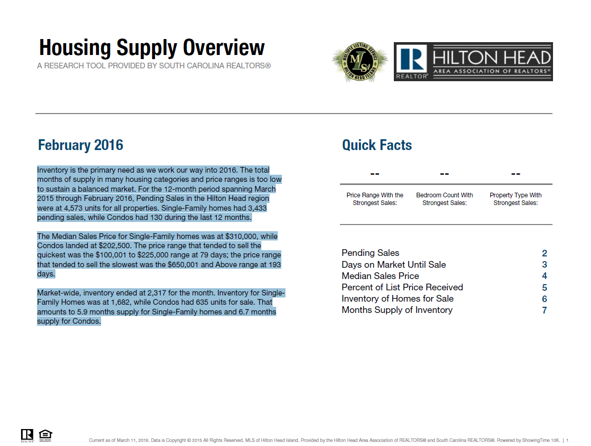 February 2016 Area Market Report: Housing Supply