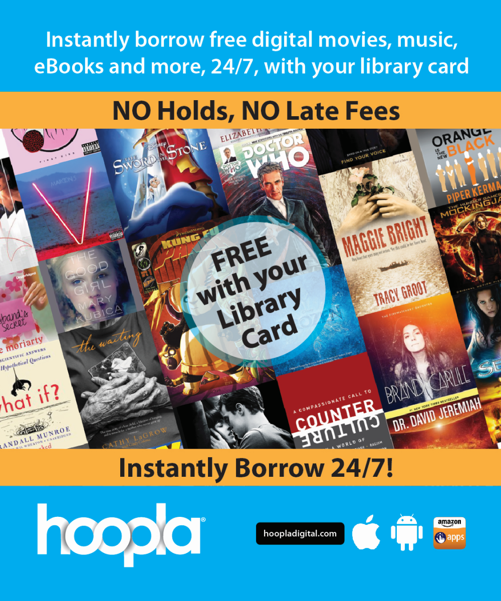 Hoopla Digital allows Library Cardholders to borrow right from their devices!